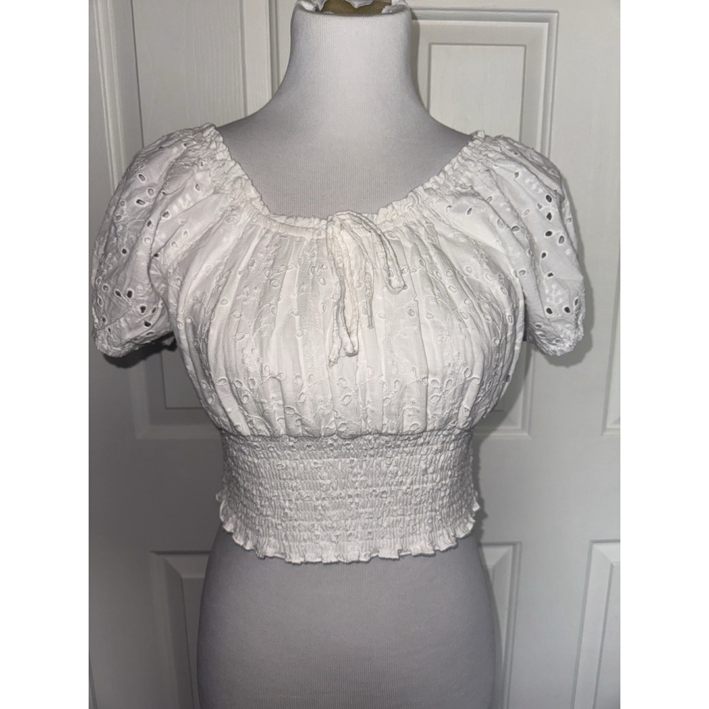 Japna White Eyelet Milkmaid Crop Top L Cottagecore Prairie Puff Sleeve Blouse